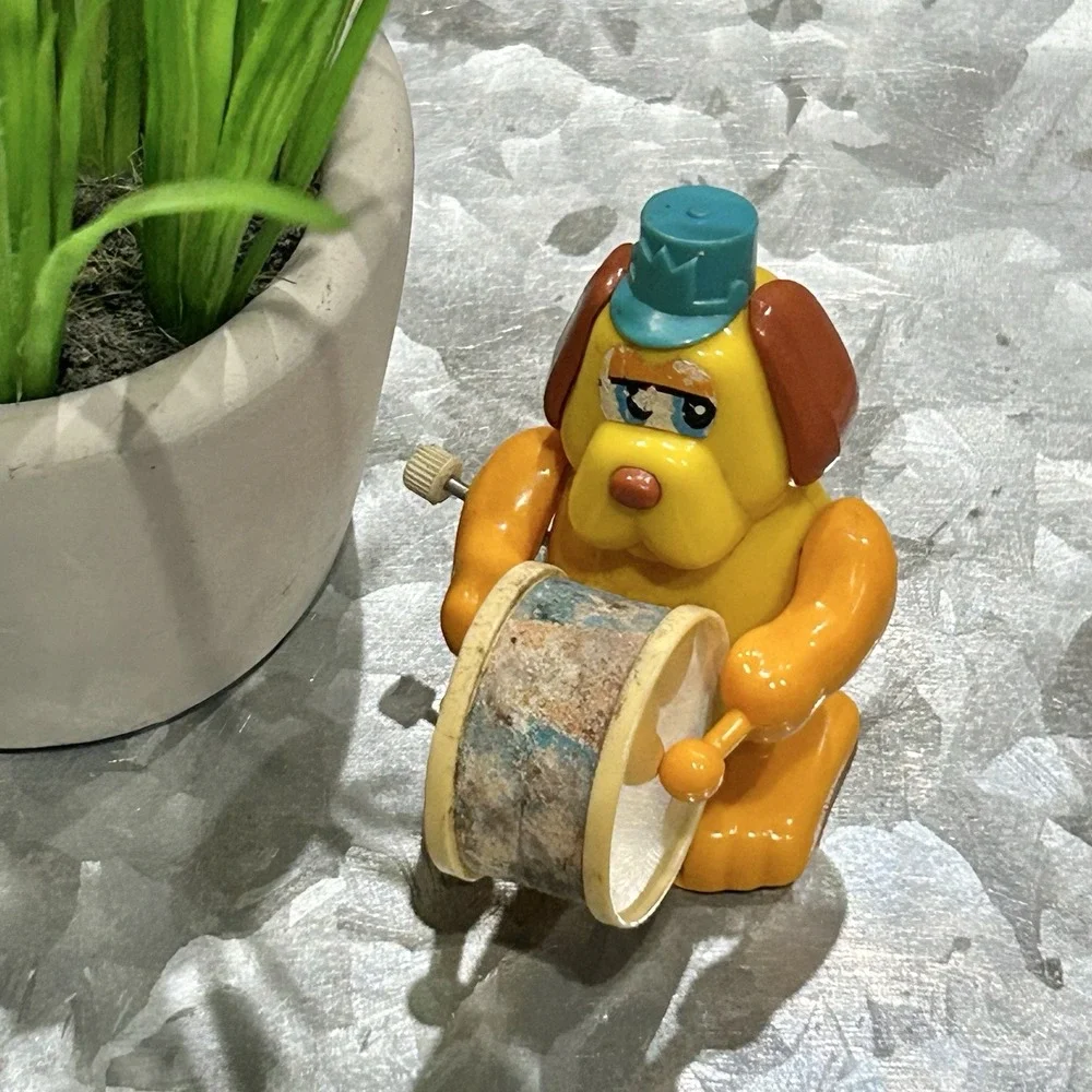 Vintage Tomy Marching Band Drummer‎ Dog (X2) Wind Up Toys *NOT WORKING, As-Is*